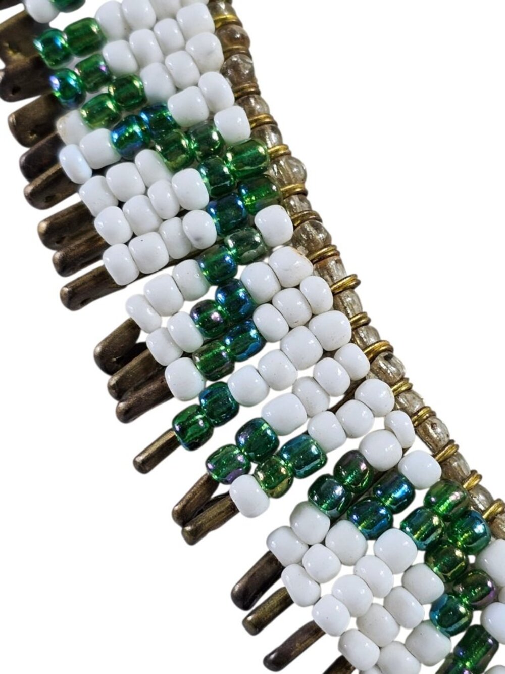 Safety Pin Beaded Necklace 22.5” White Green Glass Beads Statement Boho Tribal - Picture 5 of 10